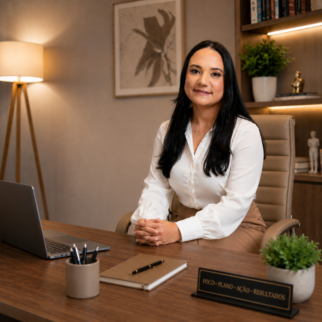 Sara Amorim em seu consultório, sentada à mesa